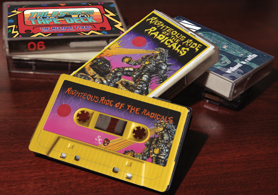 Colorful cassette tapes with graphic designs on a wooden surface